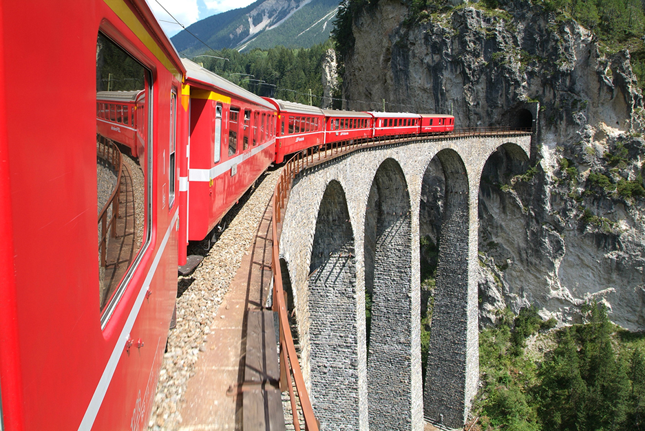 View out the window of the Bernina Express train in Switzerland