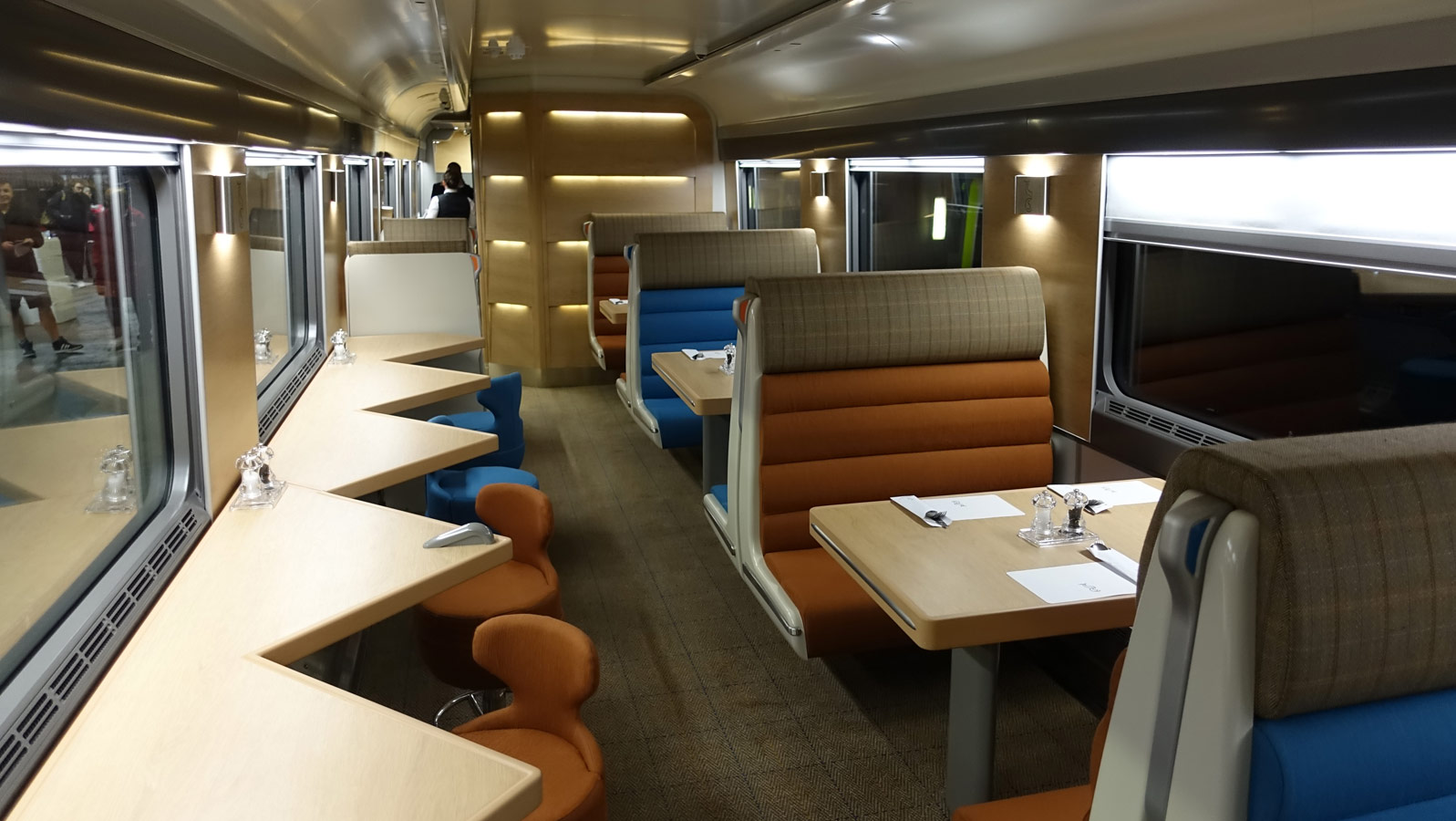 Inside a lounge car onboard an overnight train