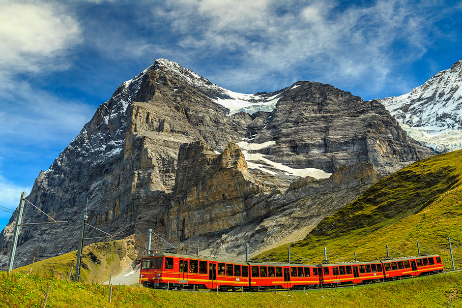 Electric tourist train and Eiger North face,Bernese Oberland,Switzerland