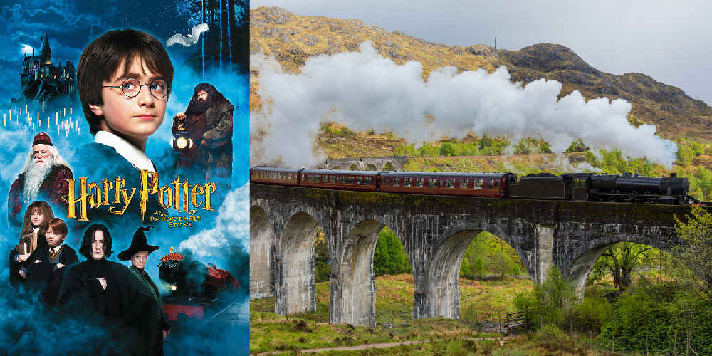 A Harry Potter movie poster and the Jacobite train travelling over a bridge in Scotland.