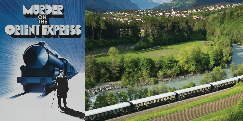 A movie poster for Murder on the Orient Express and an image of the Venice Simplon Orient Express travelling through a valley.