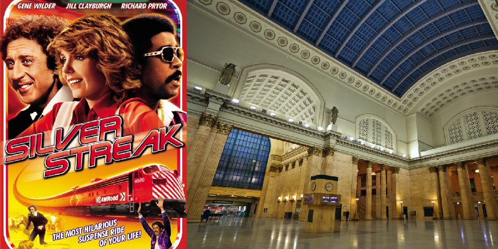 A movie poster for Silver Streak and the interior of Chicago's Union Station.