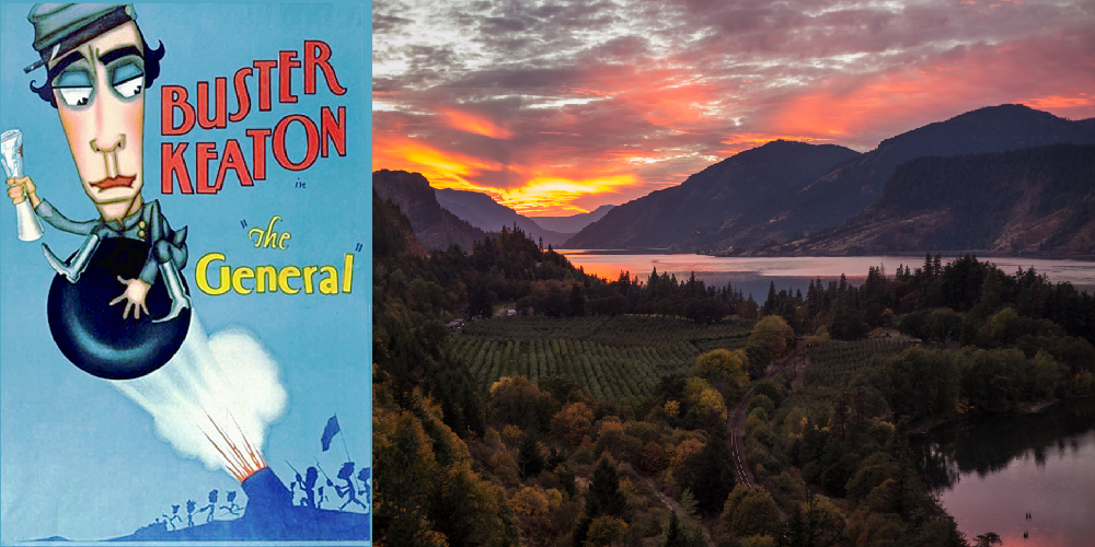 A movie poster for The General and a sunset image of the Columbia River in Oregon.