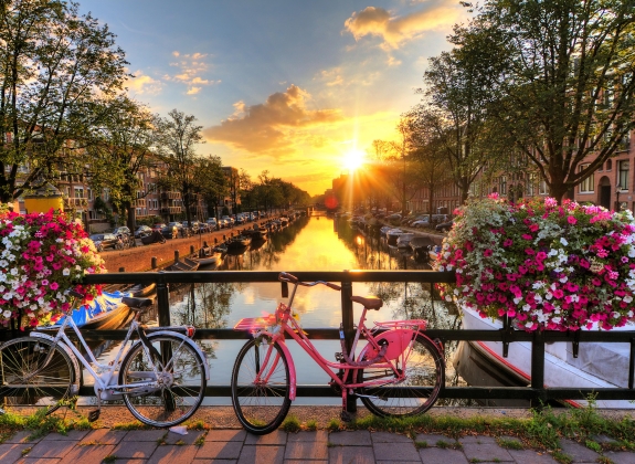 canal in amsterdam with bikes and flowers