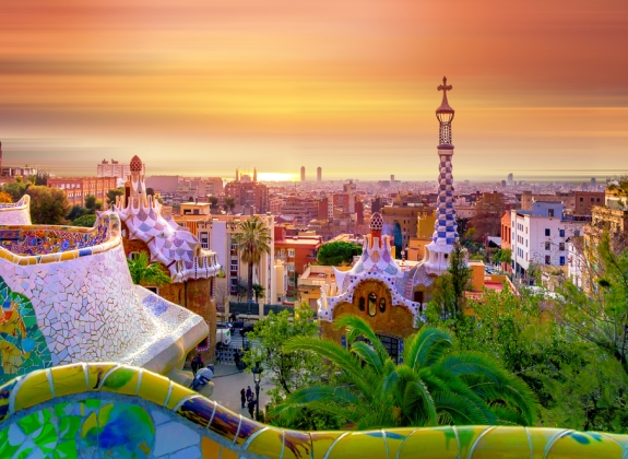 View of the city of Barcelona from Park Guell in sunrise colors, Spain.