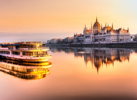 View of Budapest parliament at sunrise, Hungary