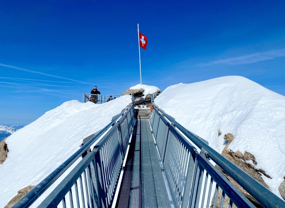 the world's first suspension bridge connecting two mountain peaks, Peak Walk at Glacier 3000 in Switzerland