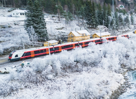 snowy Oslo to Bergen train