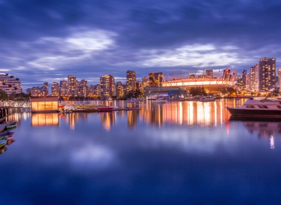 View of False Creek and Vancouver skyline, including BC Place, Vancouver, British Columbia, Canada, North America