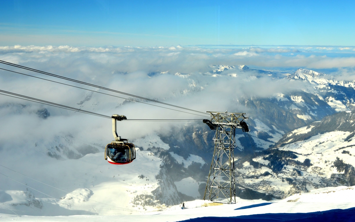 View from Mount Titlis A cable car travels through mountain scenery