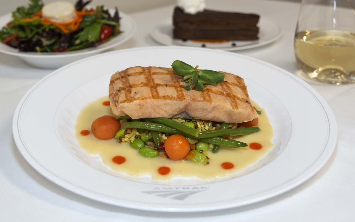 salmon dinner onboard Amtrak trains in the Dining Car