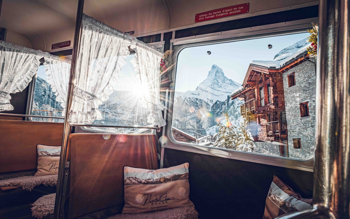 view out the window of nostalchic class onboard the gornergrat 