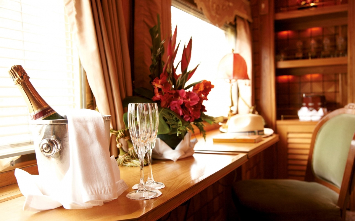 Refreshments in the Presidential cabin onboard the Eastern & Oriental Express