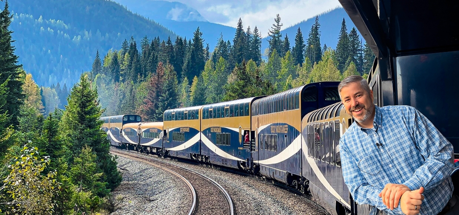 Jeb Brooks on Rocky Mountaineer during his Railbookers train vacation