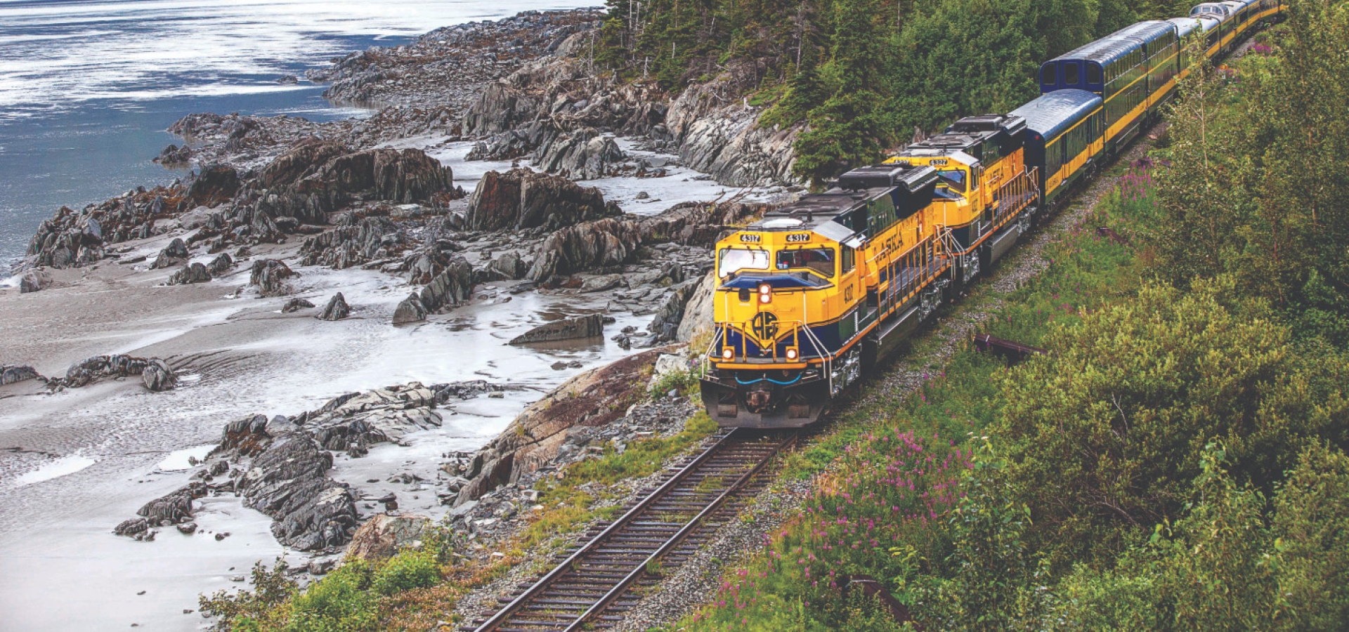 alaska railroad train next to a lake