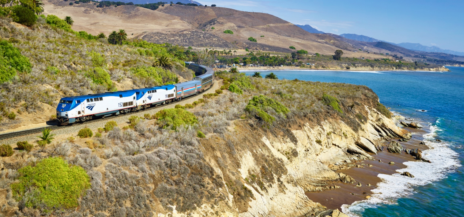 Amtrak's Coast Starlight on the cliffs by the ocean