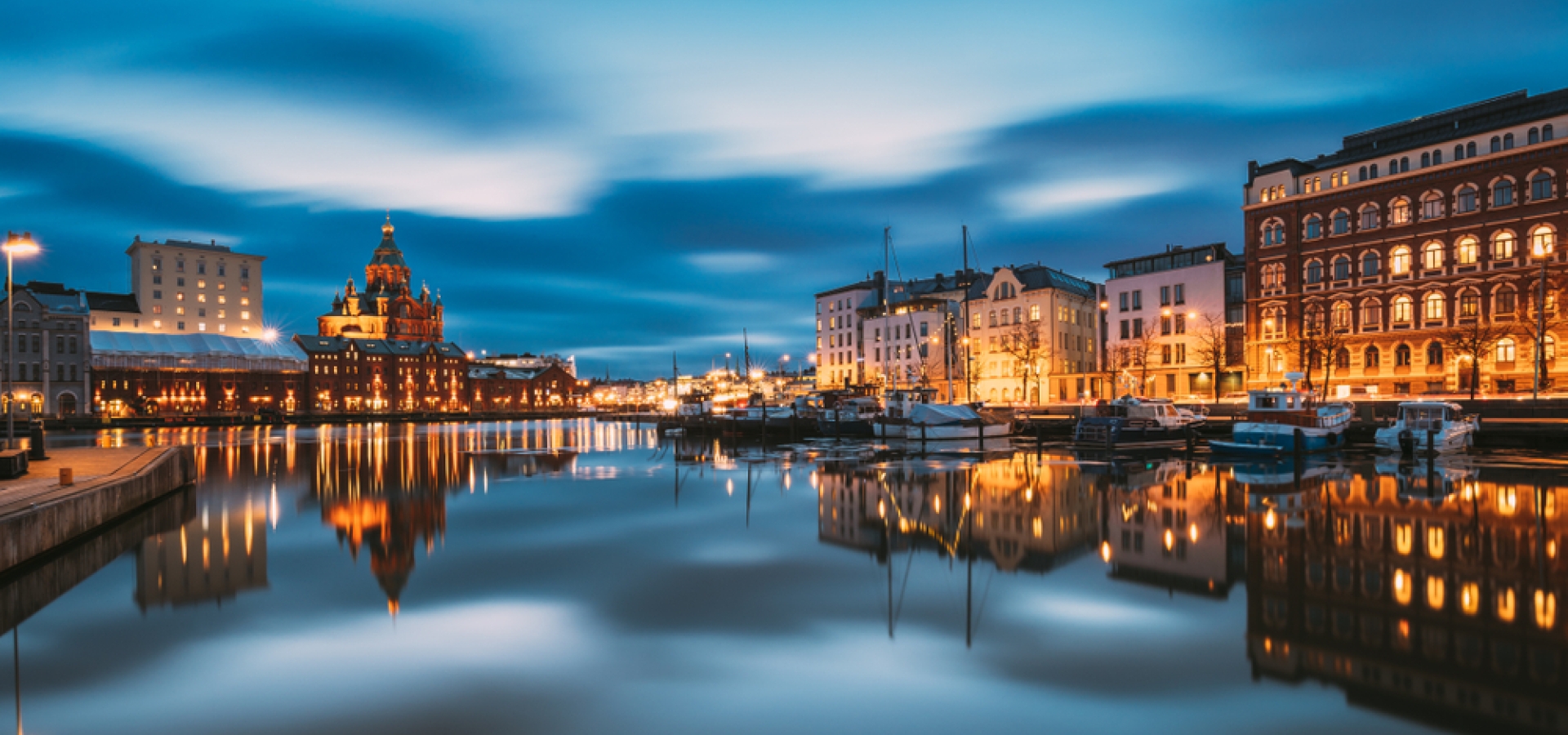Helsinki, Finland. View Of Kanavaranta Street With Uspenski Cathedral And Pohjoisranta Street In Evening 