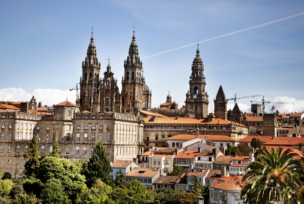 The cathedral of Santiago de Compostela overlooking the city fo the same name in Spain.