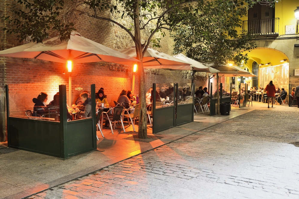 An outdoor cafe in winter in Madrid, Spain