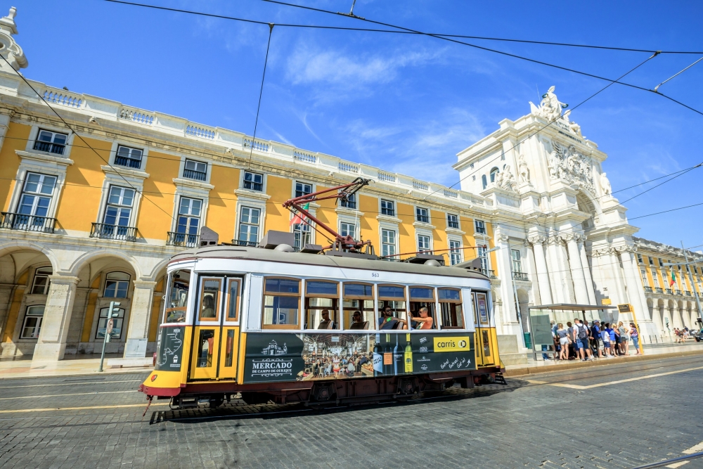 The iconic Tram 28 street car in Lisbon, Portugal.
