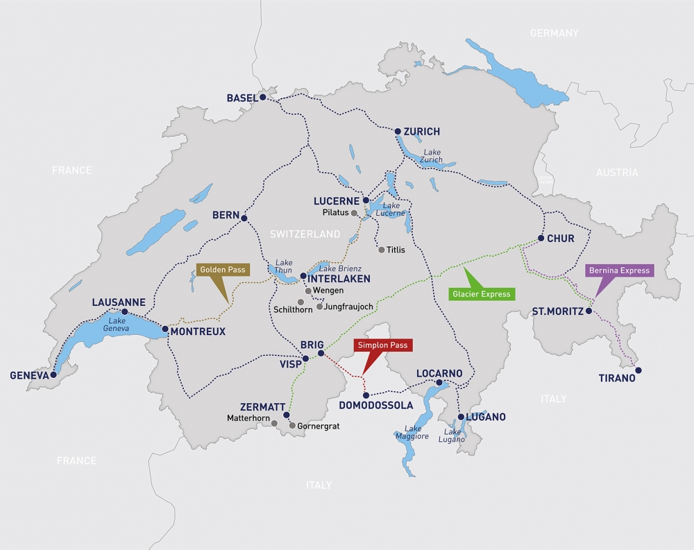 rail network map of Switzerland by Railbookers