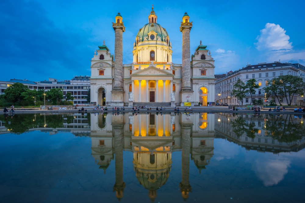 Twilight at St. Charles Church in Vienna, Austria