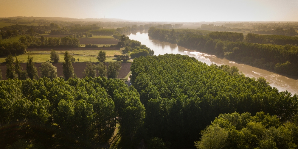 Aerial wiev Bordeaux region, garonne river, forest,landscape south west of france, Gironde