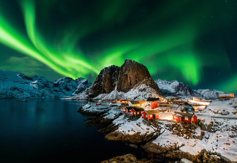 Aurora borealis (northern lights) over Hamnoy in Norway