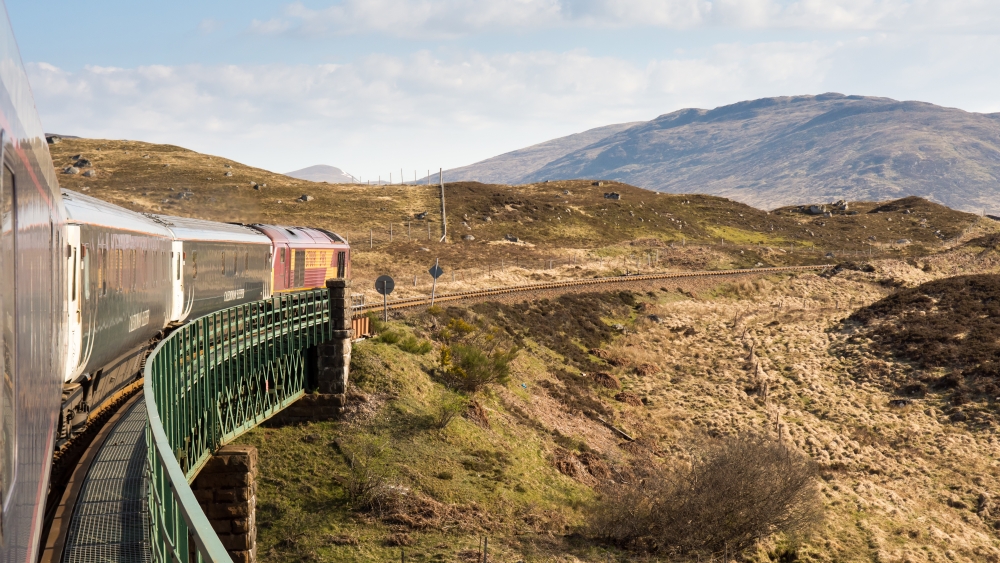 A train travels on a curved track